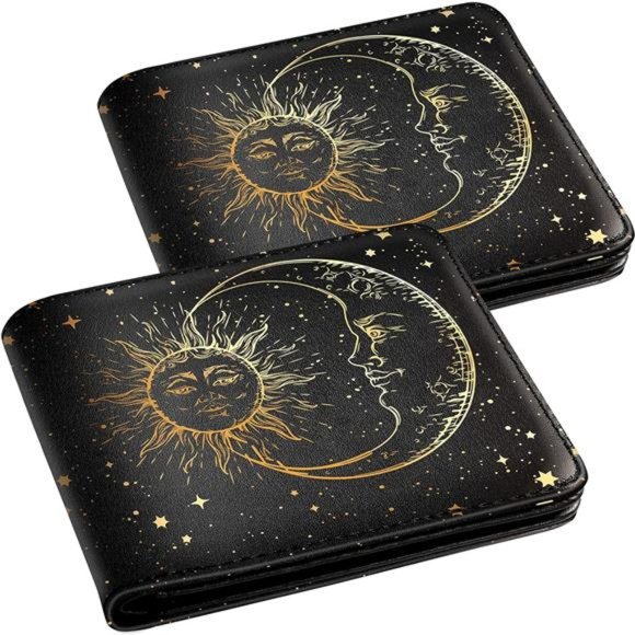Cute Wallet for Teen Boys Great Wave Leather Bifold c-Sun Moon Star